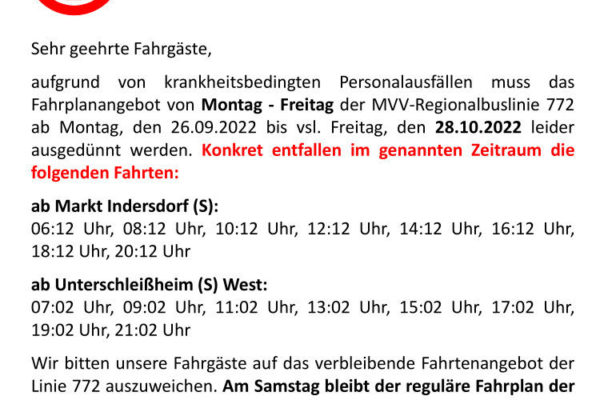 Verlängerung des Ersatzfahrplans Bus 772