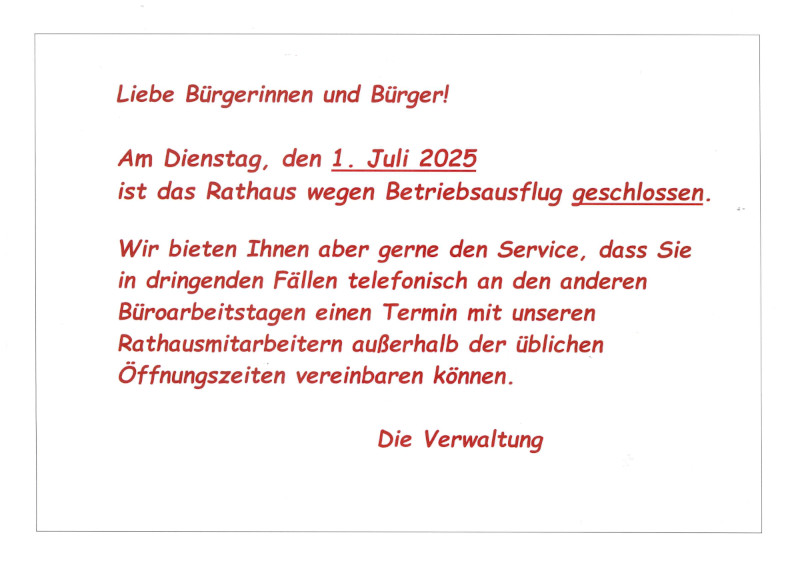 Rathaus am 1. Juli 2025 geschlossen