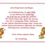 Das hat Rathaus hat am Gründonnerstag, 02.04.2026 nur vormittags geöffnet