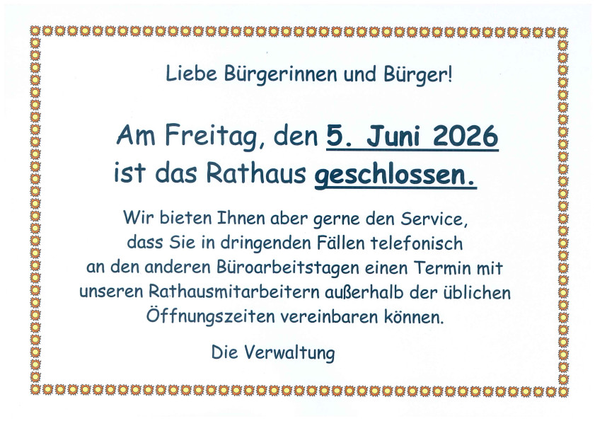 Rathaus am 5. Juni 2026 geschlossen